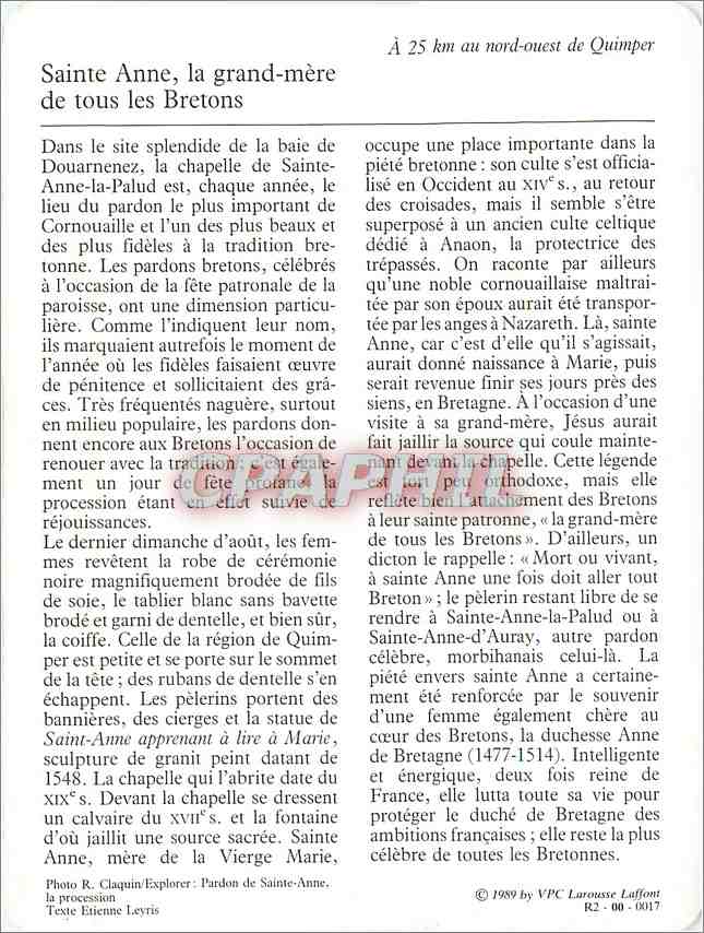 Fiche illustree Sainte Anne La Palud Le Pardon  — Rückseite