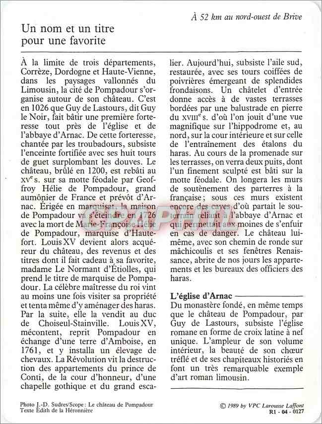 Fiche illustree Arnac Pompadour Le chateau de Pompadour  — Verso