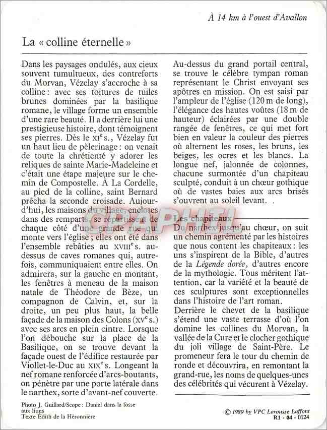Fiche illustree Vezelay la basilique Sainte Madeleine et le village  — Verso