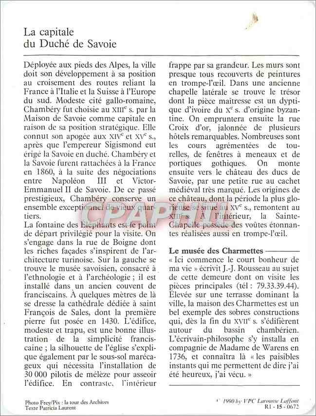 Fiche illustree Chambery La ville Les Charmettes  — Rückseite