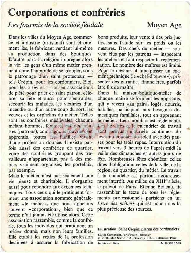 Fiche illustree Corporations et confreries Moyen Age  — Rückseite