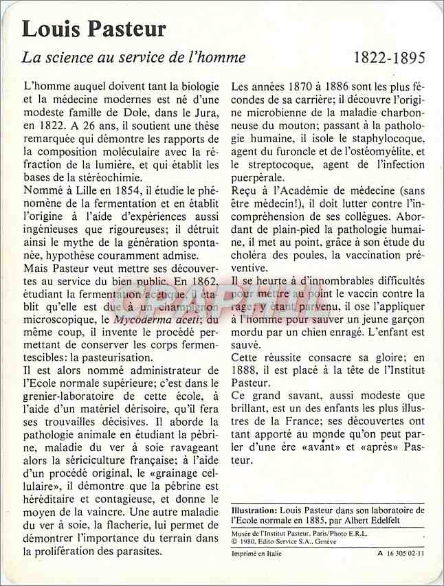 Fiche illustree Louis Pasteur La science au service de l'homme  — Rückseite