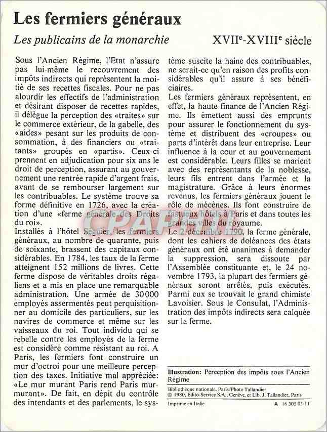 Fiche illustree Les fermiers generaux Les publicains de la monarchie  — Verso