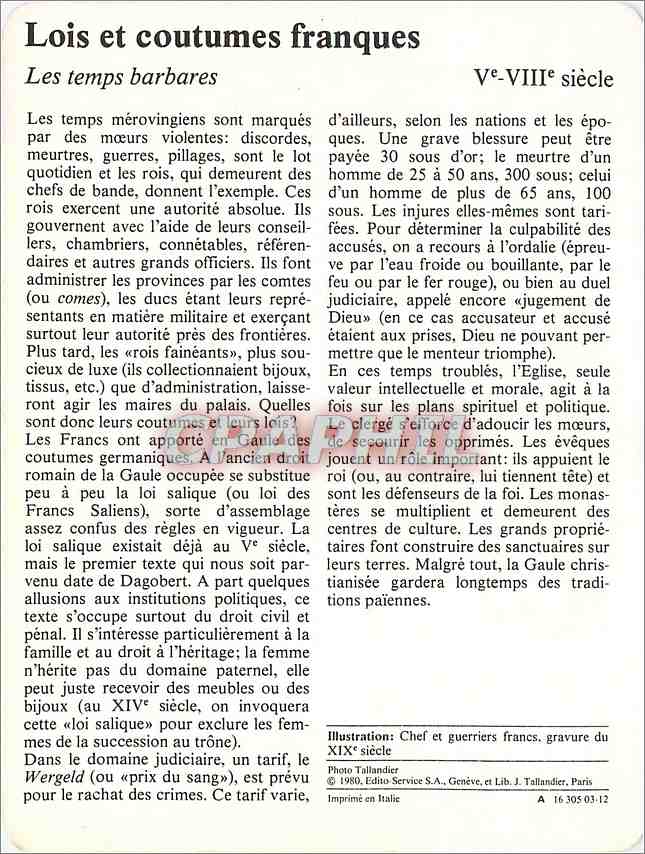 Fiche illustree Lois et coutumes franques Les temps barbares  — Rückseite