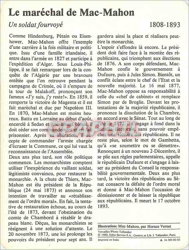 Fiche illustree Le marechal de Mac Mahon Un soldat fourvoye  — Rückseite