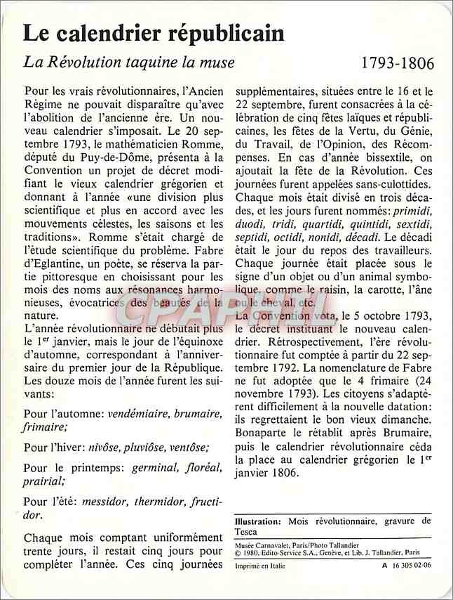 Fiche illustree Le calendrier republicain La Revolution taquine la muse  — Verso