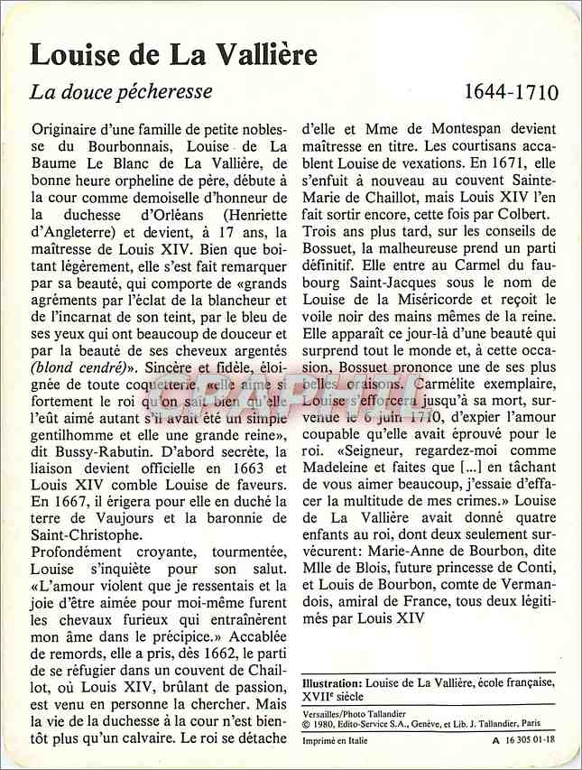 Fiche illustree Louise de La Valliere La douce pecheresse  — Verso