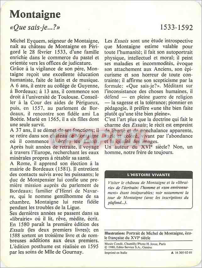 Fiche illustree Montaigne Que sais je  — Verso