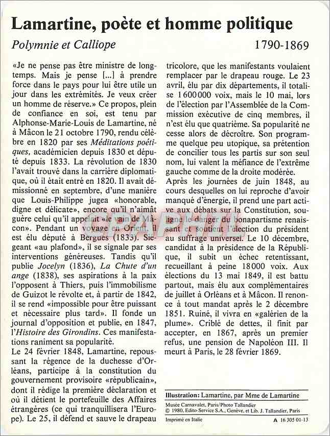 Fiche illustree Lamartine poete et homme politique Polymnie et Calliope  — Rückseite