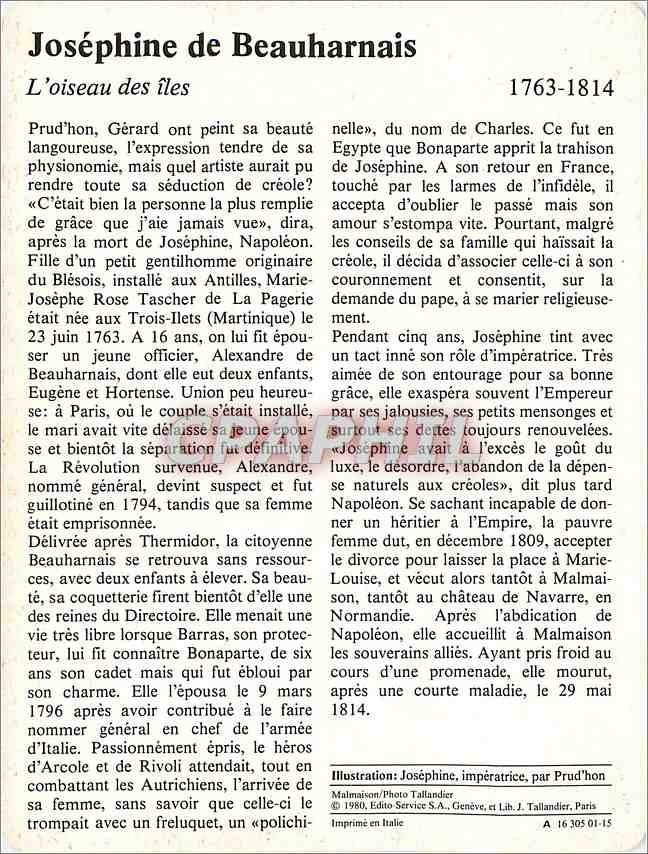 Fiche illustree Josephine de Beauharnais L'oiseau des iles  — Verso
