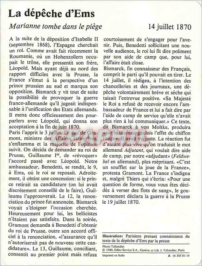 Fiche illustree La depeche d'Ems Marianne tombe dans le piege  — Rückseite