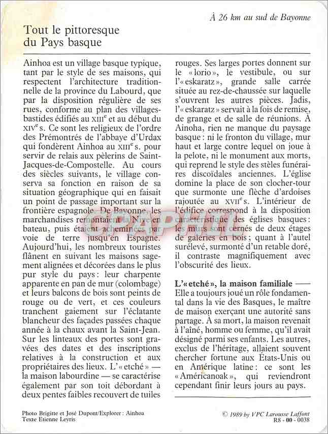 Fiche illustree Ainhoa Le village bastide  — Rückseite