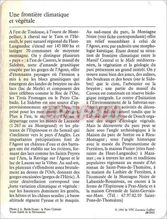 Fiche illustree Haut Languedoc Le parc naturel regional  — Verso