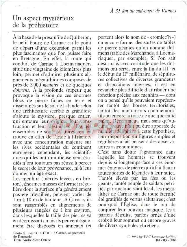 Fiche illustree Carnac Les alignements megalithiques  — Rückseite