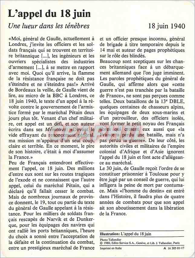 Fiche illustree L'appel du 18 juin Une lueur dans les tenebres  — Verso