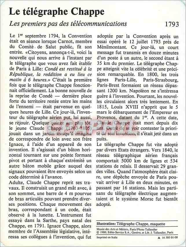 Fiche illustree Le telegraphe Chappe Les premiers pas des telecommunications  — Rückseite