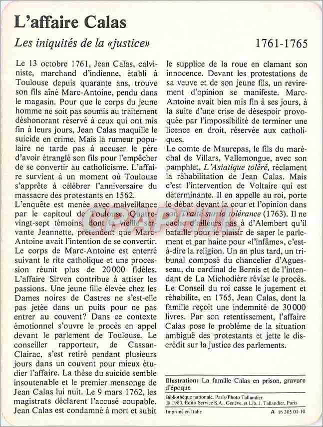Fiche illustree L'affaire Calas Les iniquites de la justice  — Rückseite