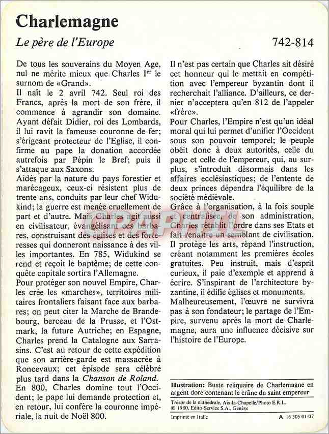 Fiche illustree Charlemagne Le pere de l'Europe  — Verso