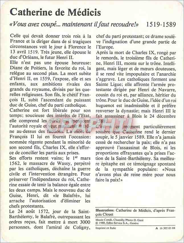 Fiche illustree Catherine de Medicies Vous avez coupe maintenant il faut recoudre  — Rückseite