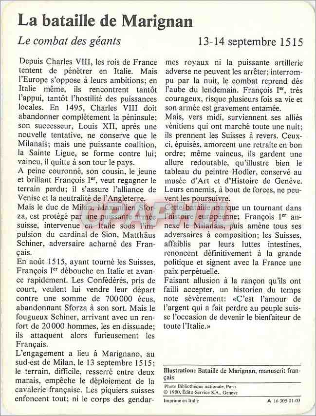 Fiche illustree La bataille de Marignan Le combat des geants  — Verso