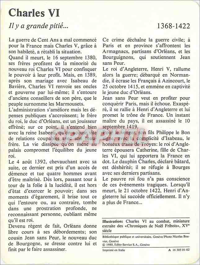 Fiche illustree Charles VI Il y a grande pitie  — Verso