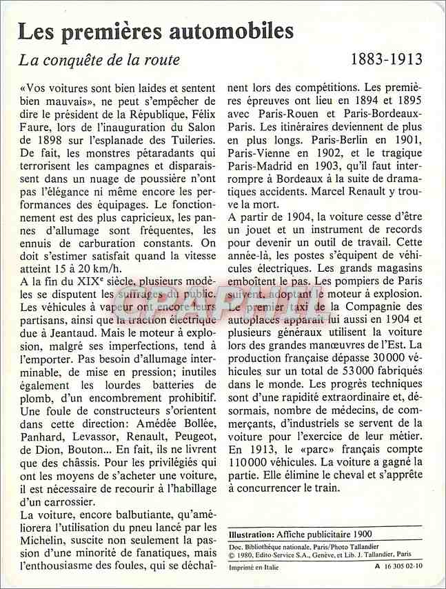 Fiche illustree Les premieres automobiles La conquete de la route  — Verso