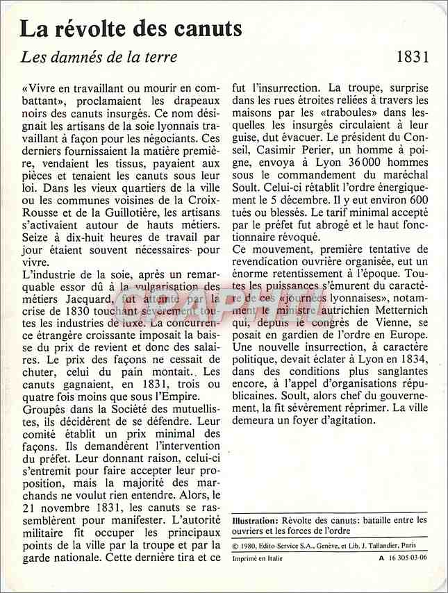 Fiche illustree La revolte des canuts Les damnes de la terre  — Rückseite