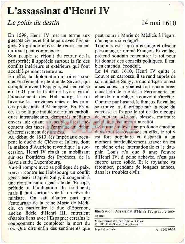 Fiche illustree L'assassinat d'Henri IV Le poids du destin  — Verso
