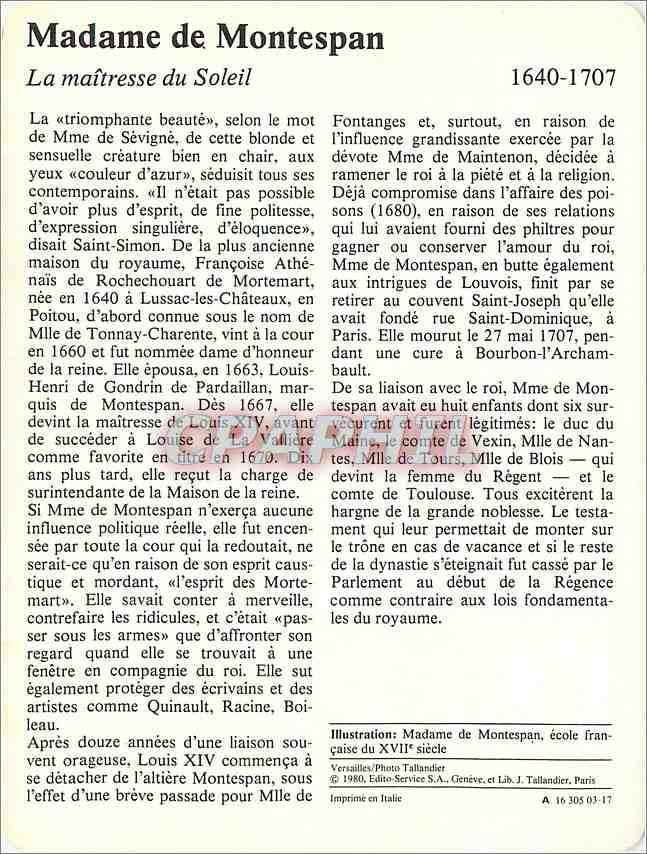Fiche illustree Madame de Montespan La maitresse du Soleil  — Rückseite