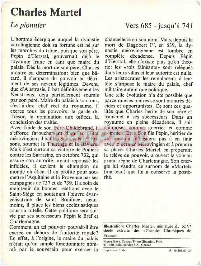 Fiche illustree Charles Martel Le pionnier  — Verso