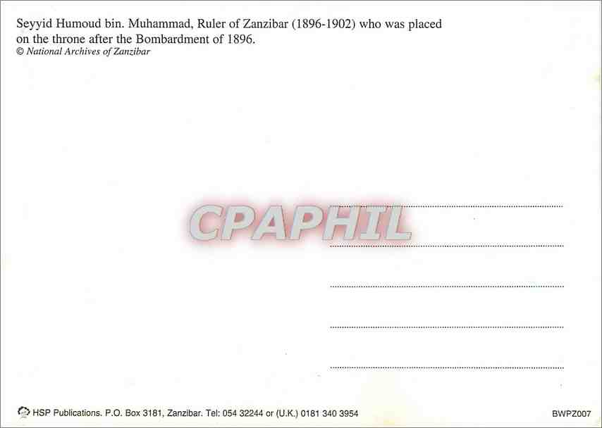 CPM Seyyid Humoud bin Muhammad Ruler of Zanzibar who was placed on the throne after the Bombardment  — Rückseite