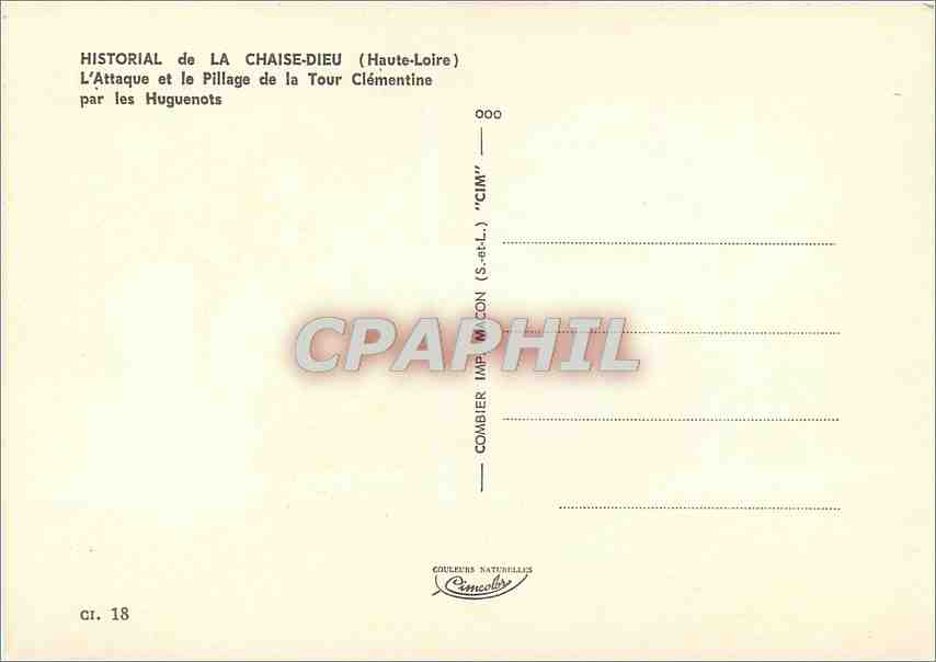 CPM Historial de la Chaise Dieu Haute Loire L'Attaque et le Pillage de la Tour Clementine par les Hu — Rückseite