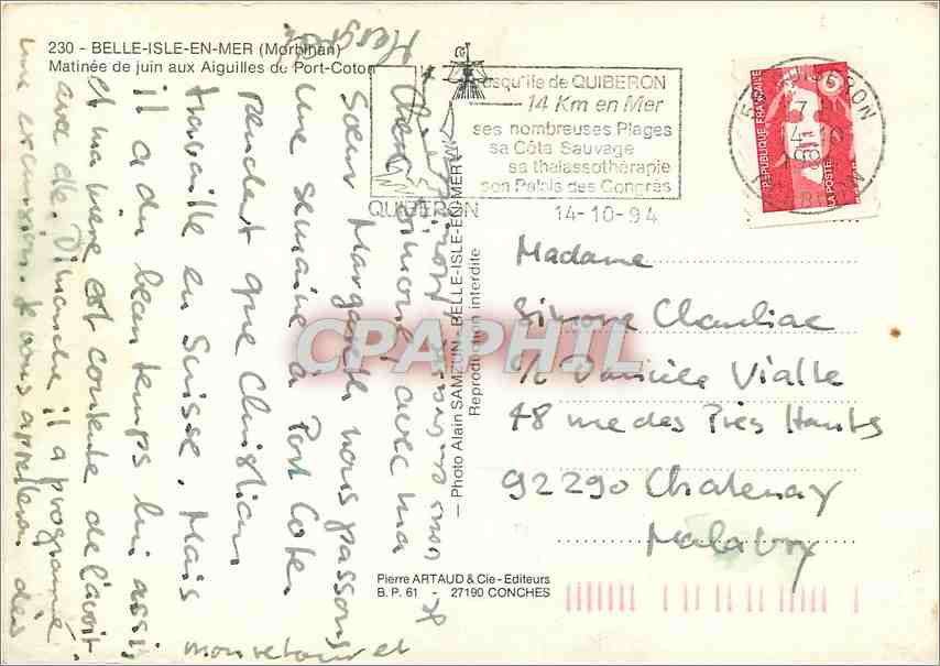 Aiguilles de Port-Coton — Belle-Île-en-Mer (Morbihan) — Pierre ARTAUD & Cie - Editeurs, B.P. 61 - 27190 Conches — Verso