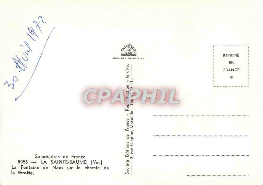 CPM La Sainte Baume Var La Fontaine de Nans sur le chemin de la Grotte  — Verso
