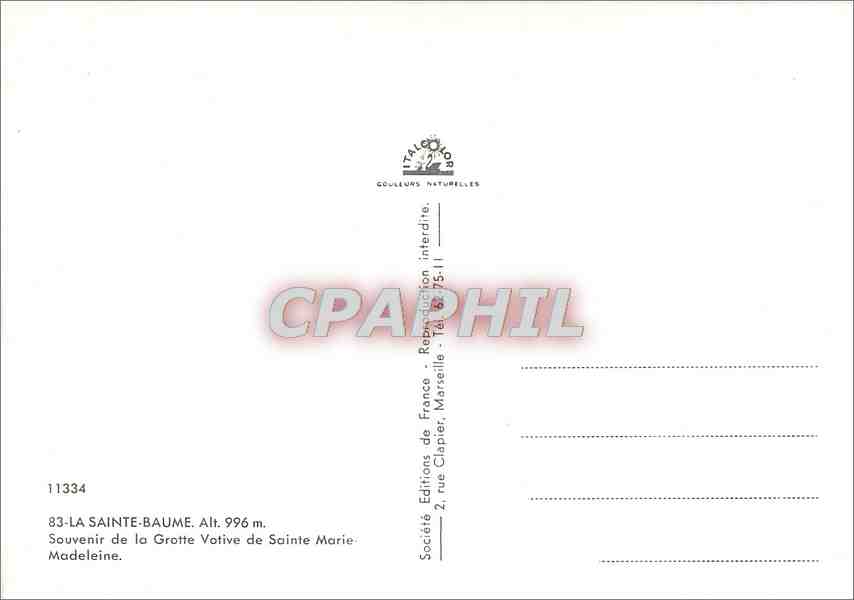 CPM La Sainte Baume Souvenir de la Grotte Votive de Sainte Marie Madeleine  — Verso