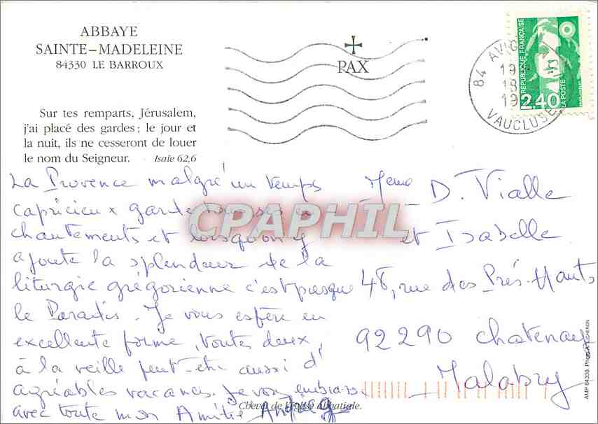 CPM Abbaye Saine Madeleine Le Barroux Sur les remparts Jerusalem  — Rückseite