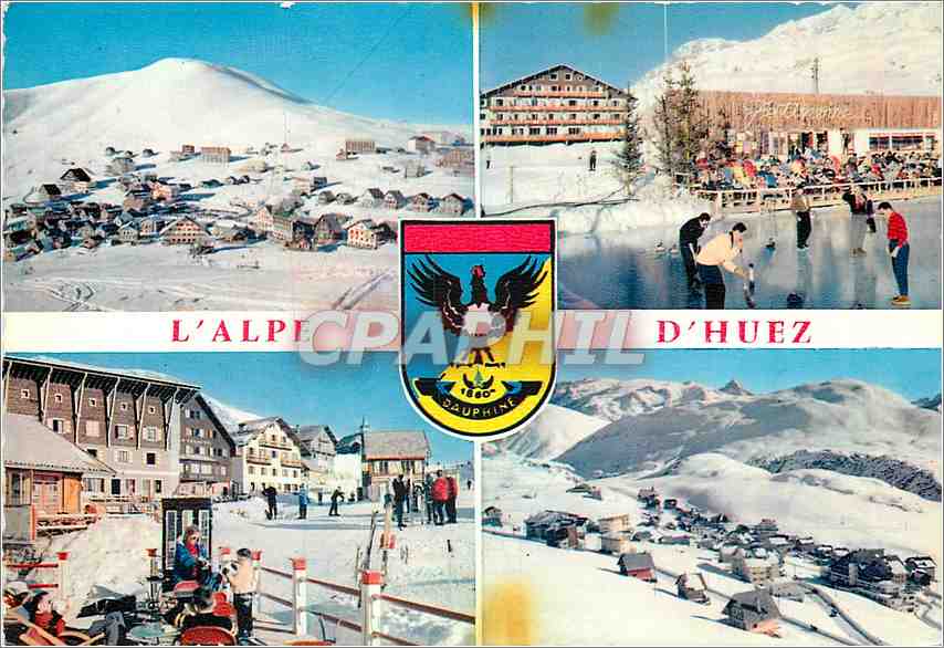 CPM L'Alpe d'Huez Vue d'ensemble de la Station et le Signal Curling sur la patinoire La Menandiere e