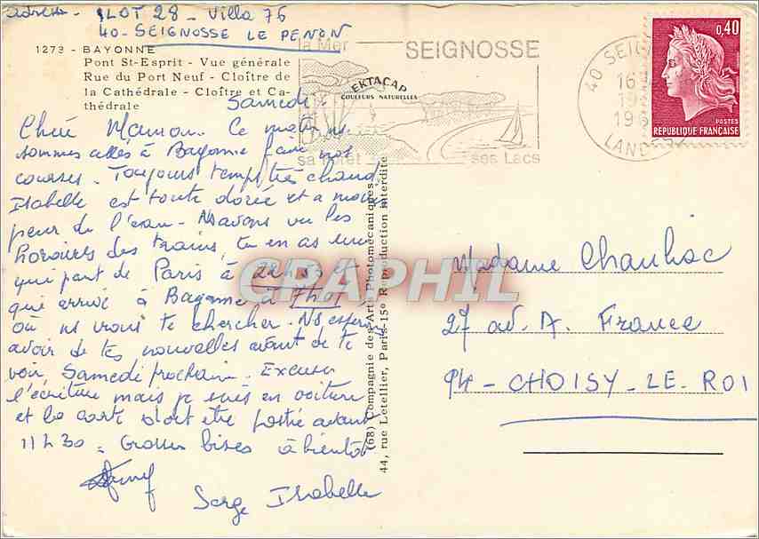 Bayonne — Vue générale, Pont Saint-Esprit, Cathédrale, Cloître — Souvenir de Bayonne, éditeur CPAPHIL — Rückseite