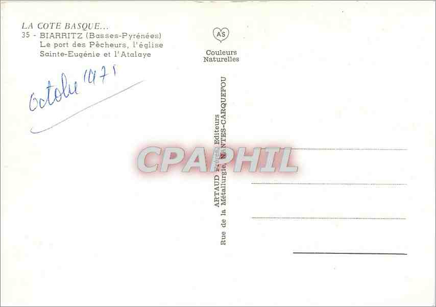 CPM Biarritz Basses Pyrenees Le port des Pecheurs l'eglise Sainte Eugenie et l'Atalaye  — Verso