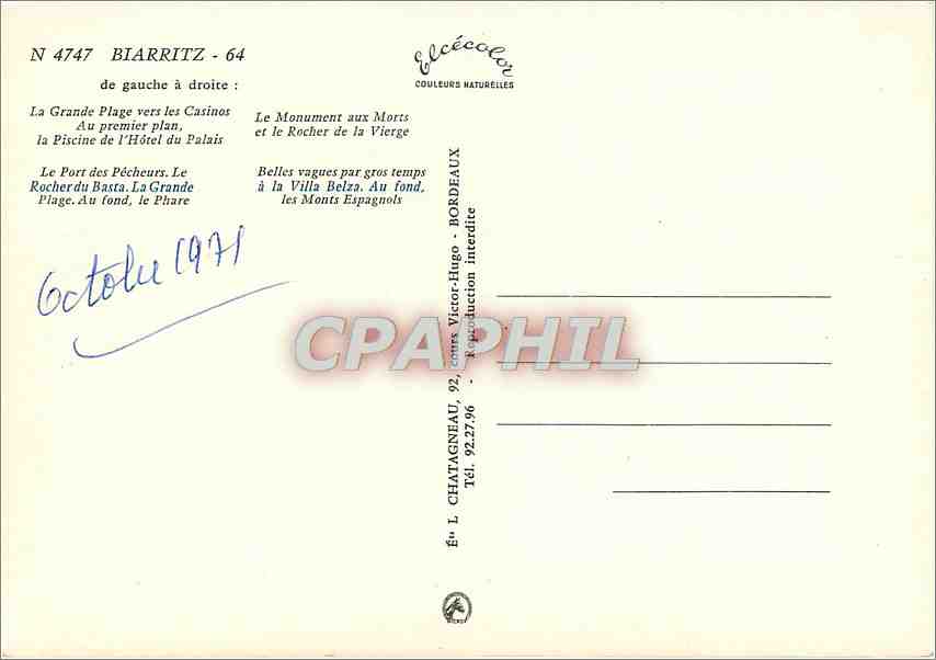 CPM Biarritz de gauche a droite La Grande Plage vers les Casinos  — Rückseite