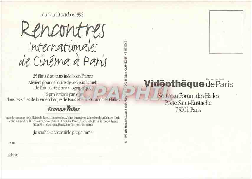 CPM Rencontres Internationales de Cinema a Paris France Inter Videotheque Forum des Halles Porte Sai — Rückseite