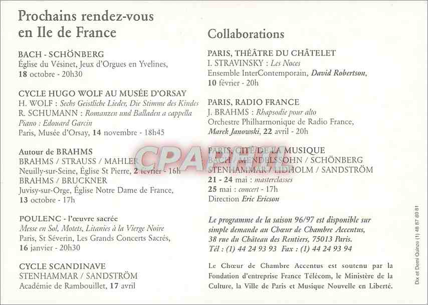 CPM Accentus Choeur de Chambre  JS Bach Schonberg France Telecom Laurence Equilbey — Rückseite