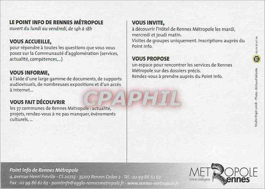 CPM Au Point Info Tout sur l'agglo Point Info de Rennes Metropole Rennes — Rückseite