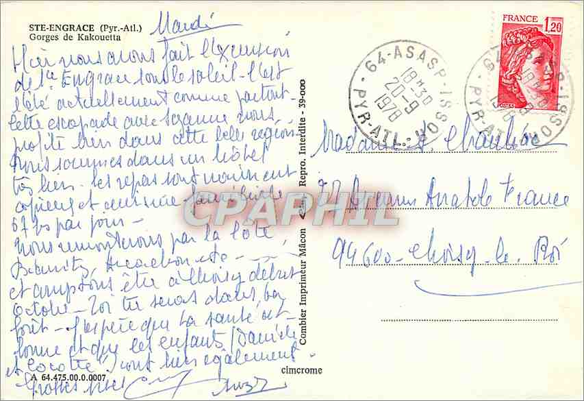 CPM Ste Engrace Pyr Atl Gorges de Kakouetta  — Rückseite
