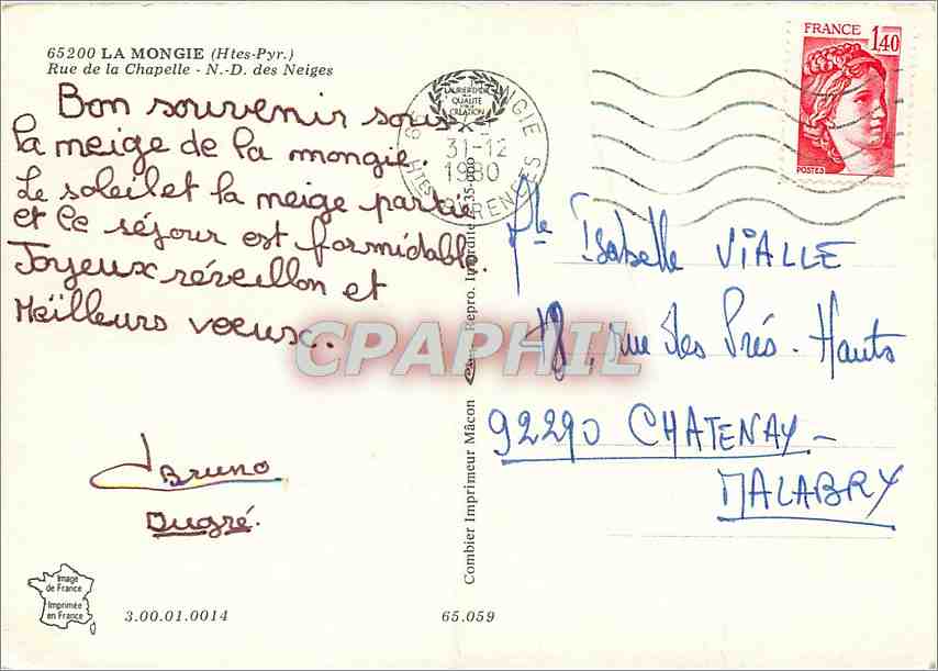 La Mongie (Htes-Pyrénées) — station de ski — éditeur Combier, n° 3.00.01.0014 — Verso