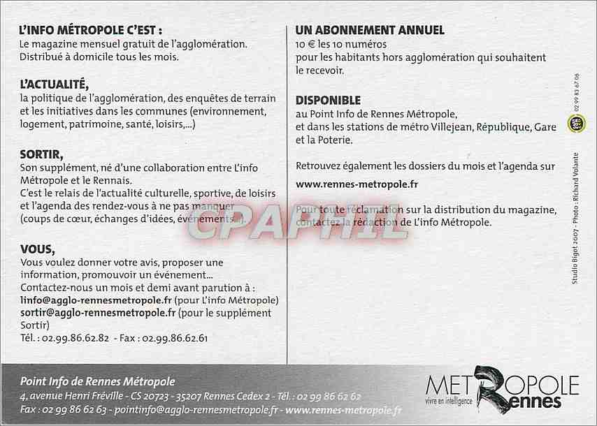 CPM L'info Metropole Votre rendez vous mensuel Rennes  — Verso
