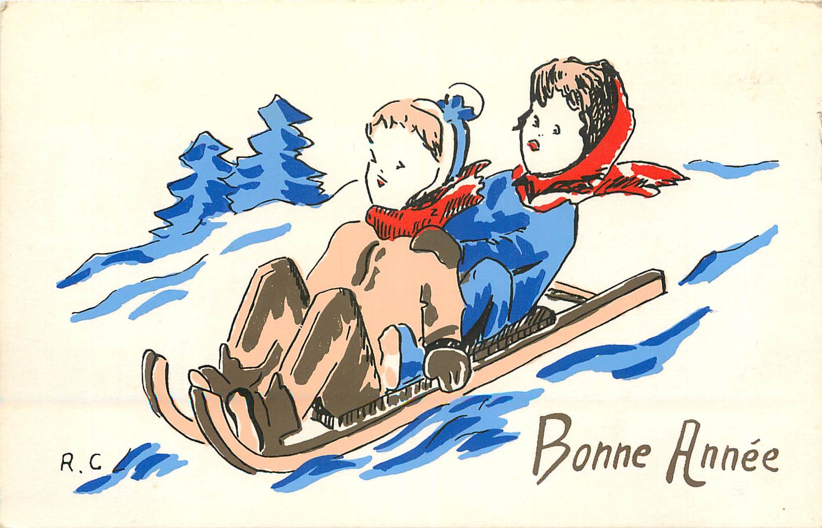CPM Bonne Annee Enfants Luge