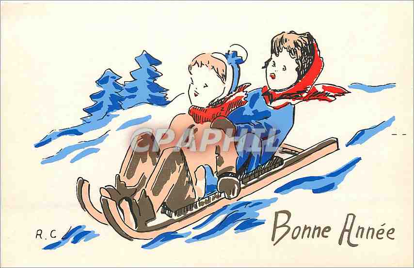 CPM Bonne Annee Enfants Luge