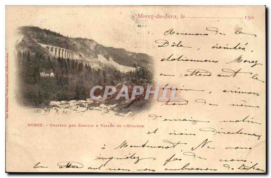 Morez-du-Jura — Château des Éssarts & Vallée de l’Evalude — éditeur : Victor Jacquemont, n° de série non visible