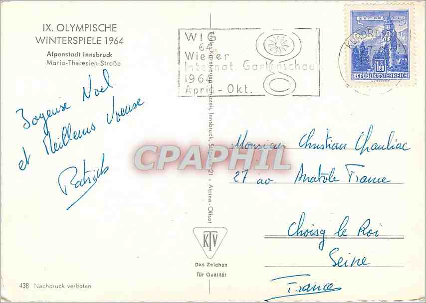 CPM Olympische Winterspiele Alpenstadt Innsbruck Jeux Olympiques 1964 — Rückseite